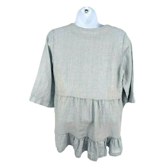 Laura Bianchi Italy Light Blue Linen Top Shirt Ruffle Blouse V-neck New - Picture 2 of 11